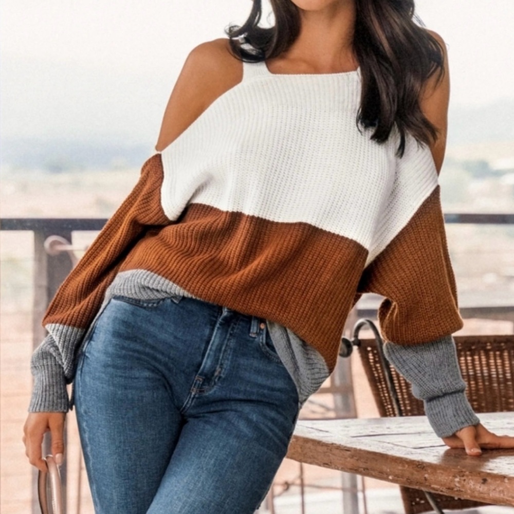 Cupshe Colorblock Off-Shoulder Sweater Medium NWT | Chevron Knit Pullover